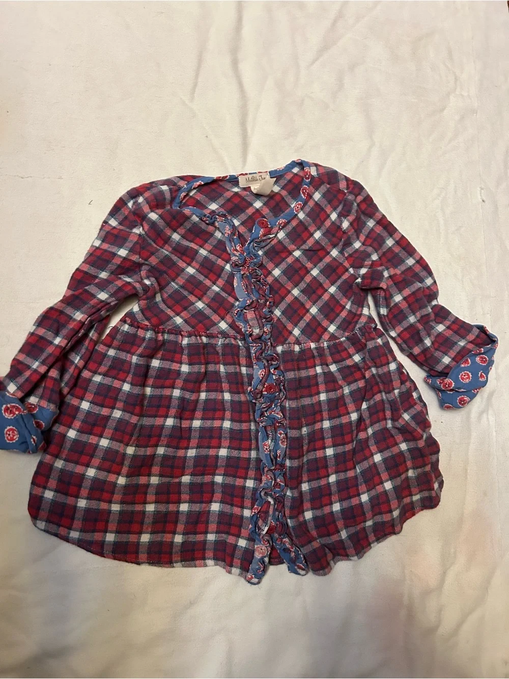 Matilda Jane Red and Blue Plaid Ruffle Front Button-Down Harper tunic flannel